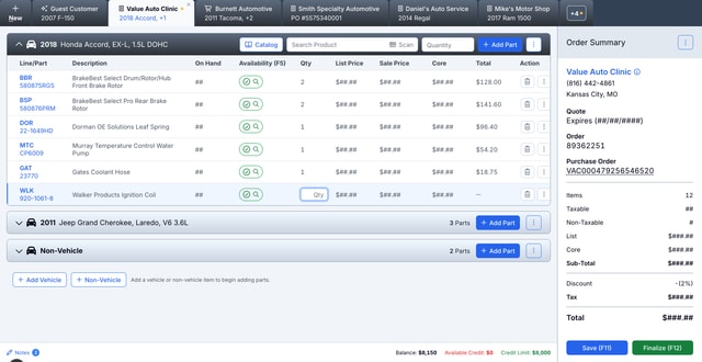The CounterWorks work-order application: six customer orders held open across the tab strip, the active order's line-item table, and its order-summary panel.